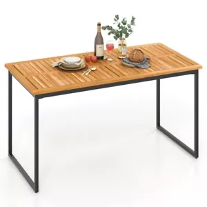 6-People Outdoor Patio Dining Table W/ Wooden Slatted Table & 2" Umbrella Hole - Picture 1 of 13