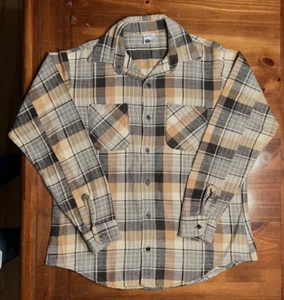 VTG 70's Big Mac Tan & Black Plaid Heavy Flannel Shirt Men's Size L Tall EC - Picture 1 of 4