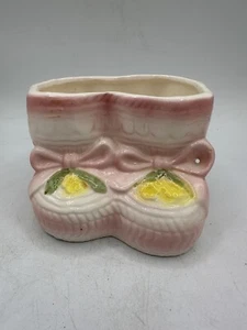Vintage Shower Nursery Planter Decor Ceramic Pink Baby Booties Girl 1950-60s Era - Picture 1 of 7