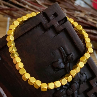 Pure 999 24K Yellow Gold Men Women Lucky 3D 4mm Square Beads Bracelet  - Image 1 of 4