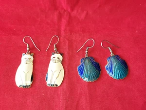 Enamel Cats and Enamel Shells Earrings Pair-with French Wire Style-(2) Pairs - Picture 1 of 4