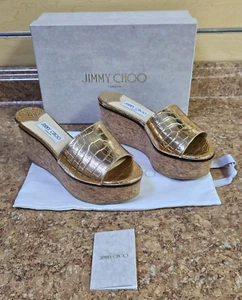 Jimmy Choo Deedee Metallic Kroko-Prägung Leder Keilabsatz Sandalen Gr. 38,5 NEU - Bild 1 von 13