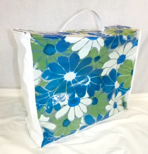 Vtg 60s Clear Vinyl Flower Power Tote Bag Unusual Size Turquoise Daisies 15x12x6 - Picture 1 of 22