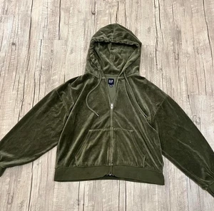 Gap Women's Hoodie Sweatshirt Size M Green Zip-Up Velour Cotton Blend - Picture 1 of 3