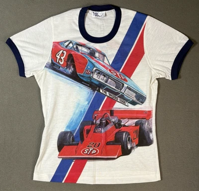 True Vintage 60s STP Racing All Over Print Single Stitched Ringer T Shirt Fits M - Image 1 of 4