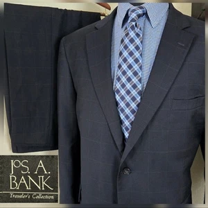 Jos A Bank 2 Pc Suit 46S~ 38x26 Navy Blue Windowpane Traveler 100% Wool Check - Picture 1 of 22