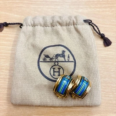Hermes Enamel Earrings Vintage Gold Blue 1 4cm x 2cm Rare Accessory Gift - Image 1 of 4