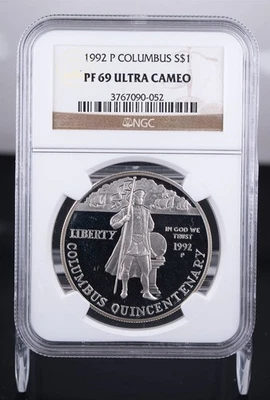 Certified 1992-P Silver $1 NGC PF69 Ultra Cameo Columbus Quincentenary  - Image 1 of 4
