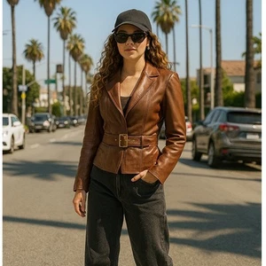 GUCCI 100% Leather Blazer Jacket Belted Cognac Brown Tan Camel Sz 40 - Picture 1 of 9
