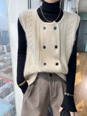 100% Pure Wool Womens Vest Sleeveless Knitted Sweater Gilet Waistcoats Crew Neck - Imagem 1 de 4