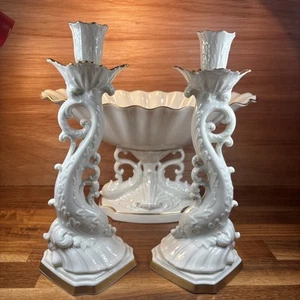 Lenox AQUARIUS Dolphin 3pc Candlesticks & Centerpiece Cream 24k Gold USA Vintage - Picture 1 of 17