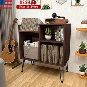 Record Player Stand Vinyl Storage Cabinet Turntable Table Shelf W/ Metal Legs US - Picture 1 of 6