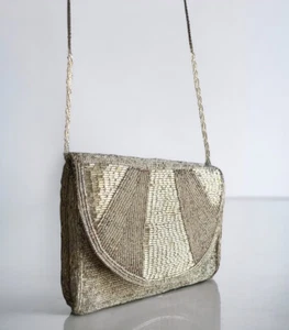 Vtg Silver Glass Beaded Evening Bag Purse Crossbody Hong Kong Formal 60s Clutch - Picture 1 of 13
