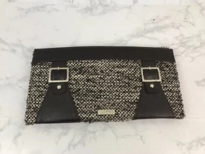 Miche Trifold Clutch Wallet Faux Leather Stitch Knit Brown White 16X11X5 Purse O - Picture 1 of 8