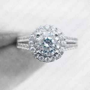 1.88 TCW Round Cut Moissanite Halo Engagement Ring 14K White Gold Plated - Picture 1 of 6