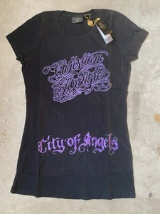 Authentic Vintage Christian Audigier Women's S/S T-shirt COA Purple Foil - Picture 1 of 2