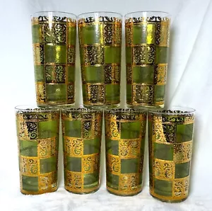 Seven Vintage Prado Culver Highball Glasses Green and 24k Gold Checkered MCM - Picture 1 of 10
