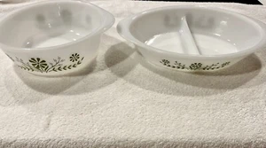 VTG Casserole Dish J2600 Green Daisy & Oval  Milk Glass Split Casserole lot of 2 - Picture 1 of 12