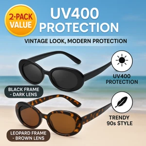 2 Pack Oval Sunglasses Women Men Retro 90s Vintage UV400 Fashion Shades Black - Picture 1 of 7