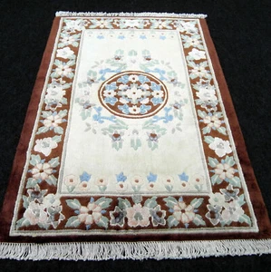 Seidenteppich China 88 x 63 cm Seide Orient teppich Beige Braun Handgeknüpft Rug - Bild 1 von 1