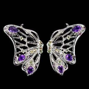 925 Sterling Silver Earrings Pear Amethyst Peridot Gemstone Butterfly Jewelry - Picture 1 of 13
