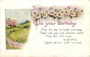 Postal de cumpleaños vintage paisaje pastoral margaritas 1915 Fort Atkinson WI - Imagen 1 de 2
