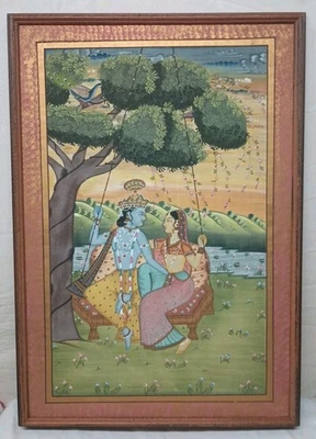 Pintura religiosa hindú enmarcada de colección Krishna y Radha escena de amor sobre seda XL 31x21. Foto 1 de 4