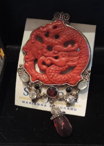 SAJEN STERLING SILVER 925 CINNABAR PIN BROOCH NEW W/DRAGON MARIANNA RICHARD - Picture 1 of 2