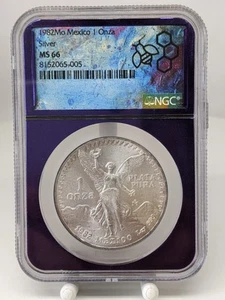 1982Mo Mexico 1 Onza Silver NGC MS66 Trader Bea Purple Core - Picture 1 of 5