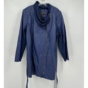 Iman Women Minimalist Leather Trench Coat Size 2X Modern Asymmetrical Zip Belted - Picture 1 of 7