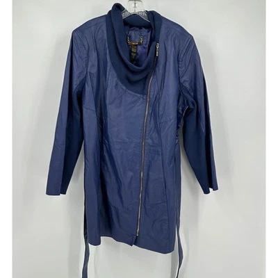 Iman Women Minimalist Leather Trench Coat Size 2X Modern Asymmetrical Zip Belted - Image 1 of 4