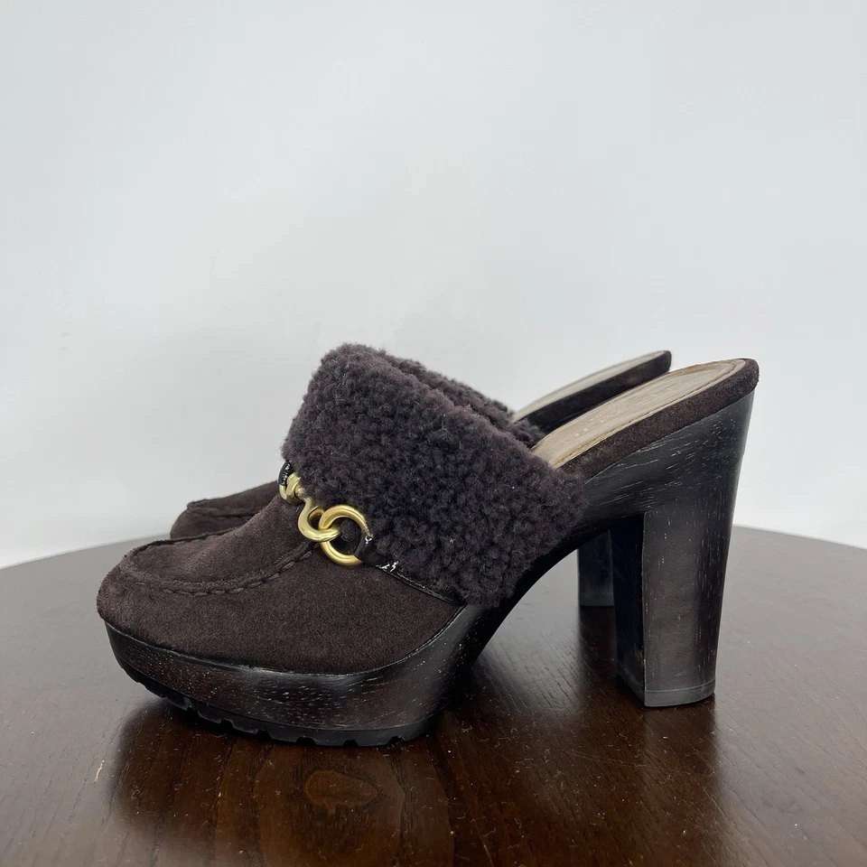 Coach Idyle Clog Shoes Women's 6.5B Brown Suede Shearling Spring Hook Mule A3611 - Image 1 of 4