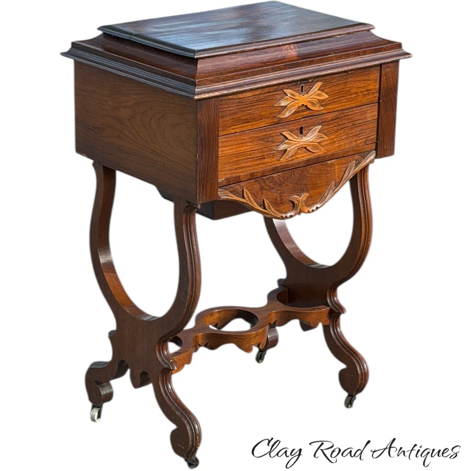 Antique Rosewood victorian sewing stand table work transitional 1870 classical - Image 1 of 4