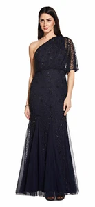 Adrianna Papell Midnight/Black Beaded One Shoulder Dress Petites 12P $349 - Picture 1 of 3