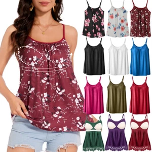 Women's Camisole Sleeveless Flowy Tank Top Loose Fit Pleated Vest Built in Bra - Picture 1 of 49