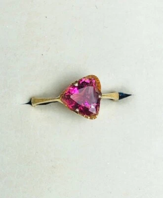 Solid 10K Yellow Gold With Trillion Shape Simulated Pink Ruby Engagement Ring - Image 1 of 4