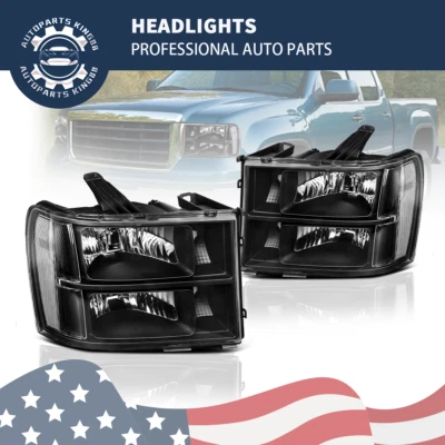 For 2007-2013 GMC Sierra 1500 2500HD 3500HD Black Housing Headlights Clear Lamps - Image 1 of 4