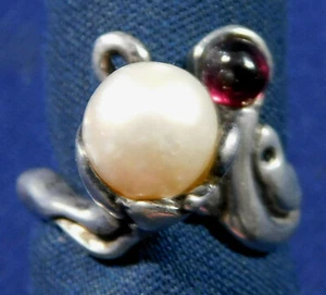 DESIGNER STERLING PEARL Red Stone Manufactured RING size 5.5 Estate - Picture 1 of 5