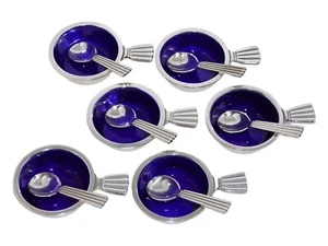 Georg Jensen Bernadotte sterling silver salt jar with blue enamel and salt spoon - Picture 1 of 3
