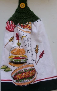 GREEN Yarn Crochet Top SUNS OUT BUNS OUT BBQ Print Cotton Kitchen Towel - Picture 1 of 2