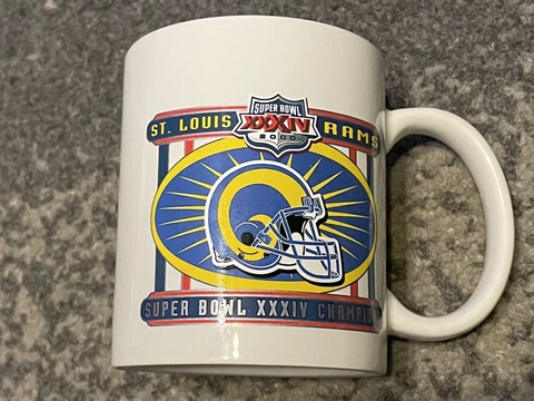 Vintage 2000 St. Louis Rams Super Bowl XXXIV Champions Coffee Mug Cup NFL Faulk Cover