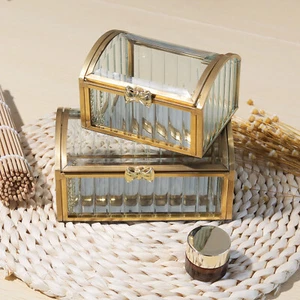 Gold Jewelry Trinket Box, Glass Decorative Box Storage for Cosmetic Bracelet - Picture 1 of 20