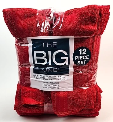 Juego de toallas de baño The Big One de 12 piezas nuevo con etiquetas 4 lavabos de baño manos tango rojo Foto 1 de 4