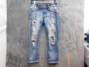 Jeans Rock Revival donna 28 blu Yandel vita media crop invecchiato denim strappato - Foto 1 di 21