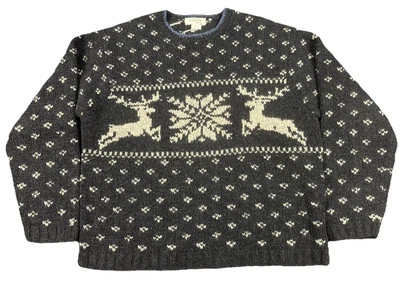 Suéter de lã vintage J Crew tricotado à mão masculino L cinza bege olho de pássaro renas floco de neve - Imagem 1 de 4