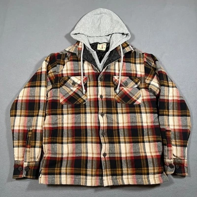Red Head Flannel Shirt Jacket Men M Gray Red Hooded Plaid Workwear Cabin Outdoor - Image 1 of 4
