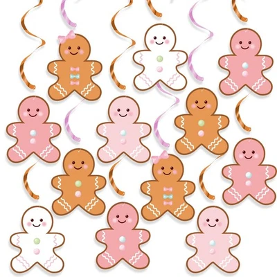 20 Pcs Pink Gingerbread Man Hanging Swirls, Christmas, Birthday Party Decor - Image 1 of 4