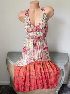 Angie Boho Kleid M Blumen Stufen Tropical Hippie Bohemian Coastal Empire Neckholder - Bild 1 von 6