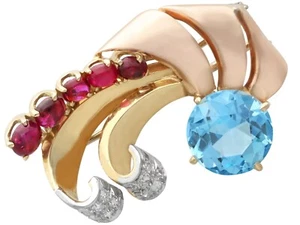 4.42Ct Aquamarine, 1.35Ct Ruby, 0.22Ct Diamond and 14k Yellow Gold Brooch - Picture 1 of 12