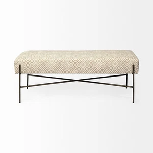 17" Cream and Black Upholstered Cotton Blend Geometric Bench - Picture 1 of 7